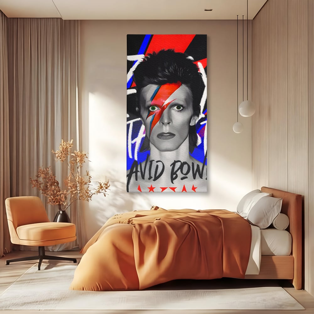 Tablou canvas cu tablou portret david bowie cu fulger, fara rama, pe sasiu de lemn, pe perete intr-un dormitor